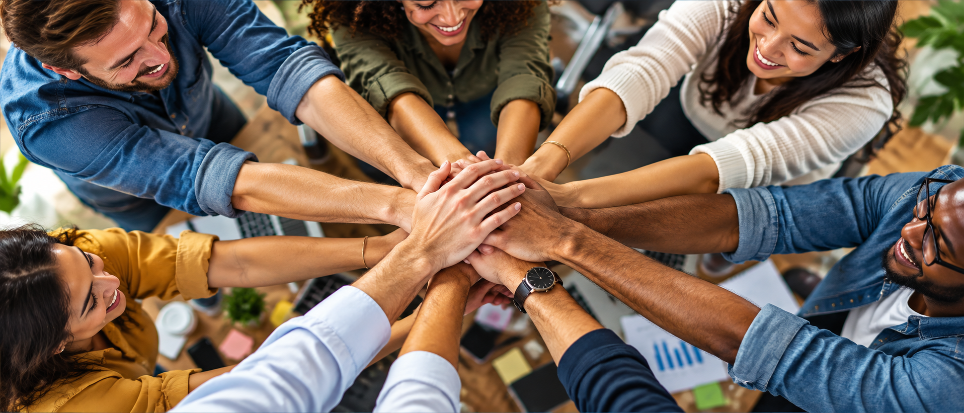 Personas uniendo sus manos para construir un equipo y un entorno saludable