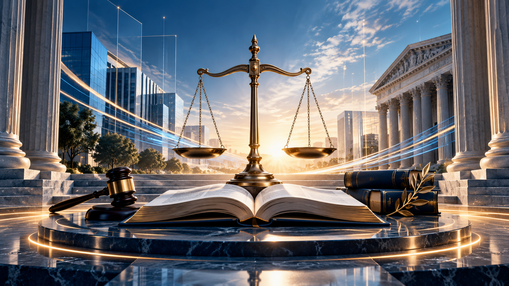 Balanza de justicia, libros jurídicos y edificios judiciales